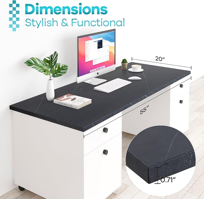 Kaboon Universal Tabletop 55"x20", Solid One-Piece Melamine Table Top, Double Desk L-Desk DIY, Home and Office,Cloud Atlas/Black Marble