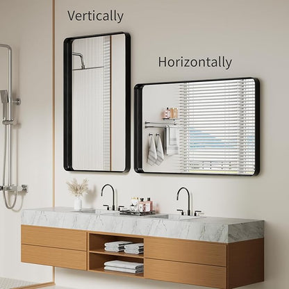Koonmi Black Wall Mirror for Bathroom, 30x48 Inch Matte Deep Framed Rounded Rectangle Vanity Mirror for Farmhouse Living Room, Tempered Glass, Anti-Rust, Vertically or Horizontally