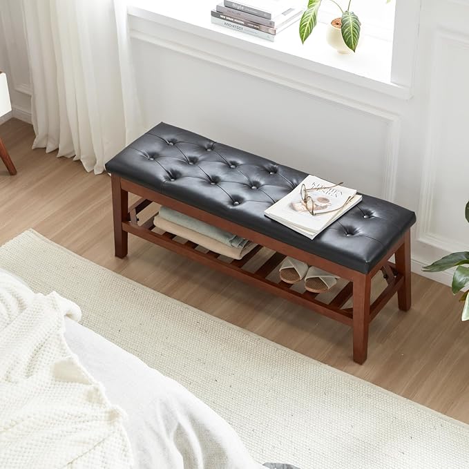 Upholstered Shoe Bench Entryway Bench for Bedroom, End of Bed, Ottoman Bench Tufted Padded Seat with Solid Wood Shelf for Living Room, Faux Leather Black