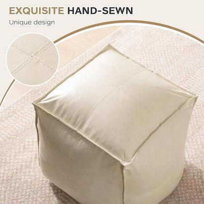 17.7" Square Unstuffed Pouf Ottoman Cover (Only Cover No Filler), Pu Leather Poufs Cube Foot Stool Poofy Ottomans Footrest, Casual Footstool for Living Room, Perfect to Rest Your Feet, Beige