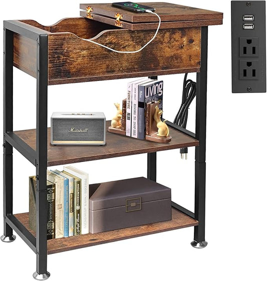 TooCust Flip Top End Table with Hidden Charging Station - 12" D×21" W×26" H Small Side Tables with Storage & Shelves, Compact Side Table for Small Spaces, Slim End Table with Charging Station, Brown