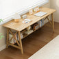 Extra Long Desk with Bookshelf - Wooden Home Office Work Study Table, 2-Person Writing Computer Workstation with Storage Shelf in Oak, 63" Wx20 Dx30 H