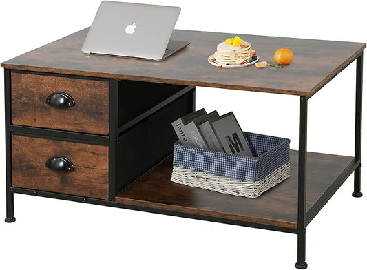 SENIG Coffee Table with Drawers, Coffee Table for Living Room, 2-Tier Coffee Tables with Storage Drawers，Brown Coffee Tables for Small Spaces, Rectangle Wood Ttable, Metal Side End Table