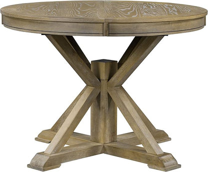 Retro Style Round Dining Table with 12" Removable Leaf for Kitchen/Living Room, Space-saving Solid Wood Tabletop Extendable Circular to Oval (42" to 54") with X-shaped Base Legs for Apartment Bistro