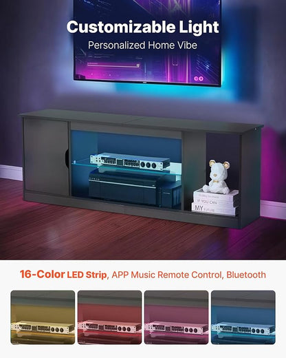 VEVOR TV Stand for TVs up to 65 inch, Modern Entertainment Center with Light Strip, Wooden TV Cabinet Storage with Glass Shelf and Adjustable Shelves, Console Table for Living Room and Bedroom, Black