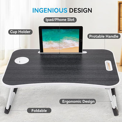 BUYIFY Folding Lap Desk, 23 Inch Portable Wood Black Laptop Bed Desk Lap Desk with Cup Holder, for Working Reading Writing, Eating, Watching Movies for Bed Sofa Couch Floor
