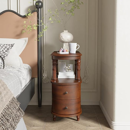 2 Set of Wood End Table with 2 Drawers and Storage Shelf, Narrow Sofa Side Table for Living Room, Vintage Slim Nightstand Bedside Table for Bedroom, Slim Chair Side Table Cherry Walnut A508CY
