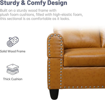 L Shaped Modular Sectional Sofa with Reversible Chaise Lounge, 5-Seater Corner Couch, PU Leather Convertible Sofá w/Movable Ottoman, Cup Holders, 2 Pillows and Rivet Ornament for Living Room