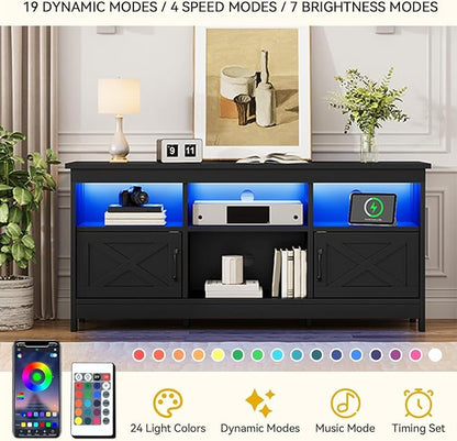 DWVO Black TV Stand for 65 Inch TV, Entertainment Centre, TV Cabinet with Power Outlet & LED Light Strip, Media Console Television Stands, Living Room Furniture 59 Inch