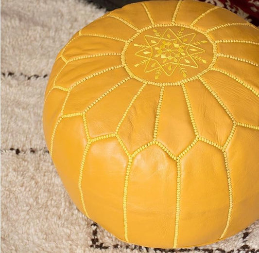 Stuffed Round Design Moroccan Leather Pouf Ottoman, Handmade, Pre-Filled, 100% Genuine Leather, 13” Height x 20” Diameter, Footstool & Living Room Décor (Mustard)