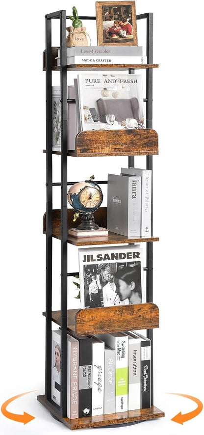 Bikoney Rotating Bookshelf, 360 Display Spinning Bookshelf Tower, 5-Tier Narrow Bookcase, Tall Industrial Book Shelf Organizer, Small Corner Book Shelves for Living Room, Black
