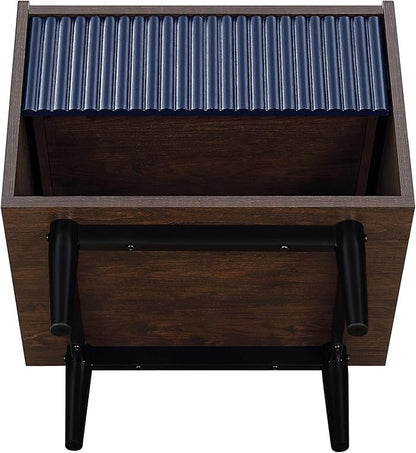 Manhattan Comfort Duane Modern Ribbed Nightstand, Bedside Table with Full Extension Drawer and Open Shelf, Industrial Chic Living Room and Bedroom Furniture, Navy Blue