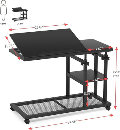 Tribesigns Height Adjustable C Table with Wheels, Mobile Couch Snack Side Table with Tiltable Drawing Board, Sofa Bedside Laptop Stand C Shaped TV Tray with Storage Shelves (Black)