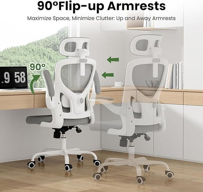 Ergonomic Office Chair, Comfy Home Office Chair High Back Computer Chair with Headrest, Adjustable Back Support, Flip-Up Arms, 90-120° Tilt and Wide Cushion, Up to 300lbs, Grey+White
