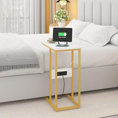 VECELO C Shaped End Side Table with Charging Station & Power Outlets for Couch Sofa/Bed Snack TV Tray with Metal Frame for Living Room Bedroom 1 Set, Gold