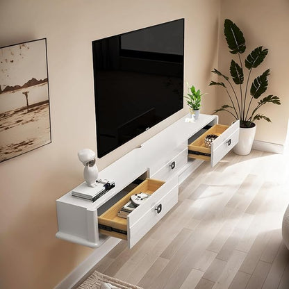 Pmnianhua High Gross Floating TV Stand,74″ Solid Wood Wall Mounted TV Console,Floating Entertainment Center with Door and 2 Drawers,Under TV Shelf for TVs up to 85''(White)