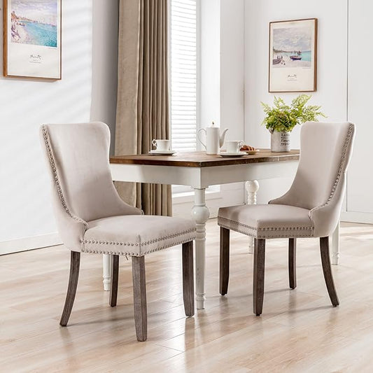 PacknWood Acosure Set of 2 Velvet Upholstered Wing-Back Dining Chair with Backstitching Nailhead Trim,Exquisite Furniture Stool W/Wood Legs,for Kitchen,Sitting Room,Beige