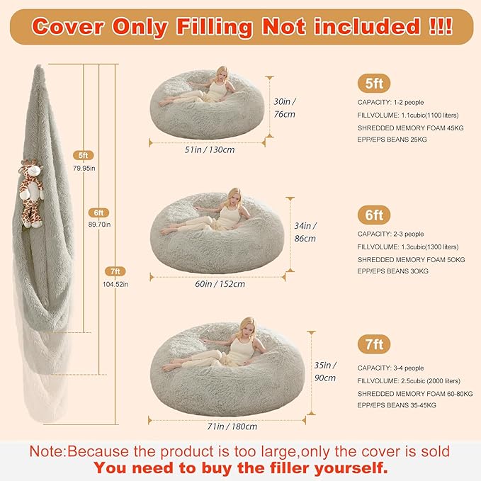 Large Bean Bag Chair Cover, Plush Bean Bags Chairs Cover Only Without Filler Included, Beanbag Chairs for Adults, Teens, Kids, 7FT, Light Grey