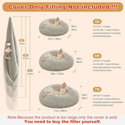 Large Bean Bag Chair Cover, Plush Bean Bags Chairs Cover Only Without Filler Included, Beanbag Chairs for Adults, Teens, Kids, 7FT, Light Grey