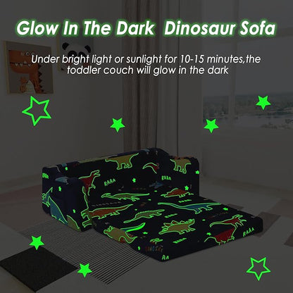 Kids Couch Extra Large,Glow in The Dark 2-in-1 Folding Kids Sofa Bed for Boys,2 Seats Convertible Sleeper Lounger Toddler Couch for Children Bedroom Playroom Nursery,Dinosaur