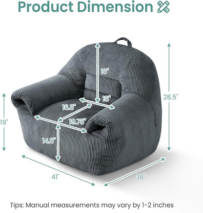 DAICO Bean Bag Chairs for Adults, Giant Bean Bag Chair Comfy Bean Bag Sofa with Handle Corduroy Single Lazy Floor Sofas Accent Chair with Foam for Bedroom Living Room Reading Gaming Grey