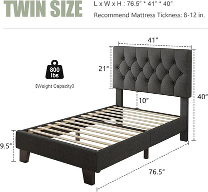Feonase Twin Platform Bed Frame with Button Tufted Headboard, Upholstered Linen Bed with Wooden Slats Support, No Box Spring Needed, Noise-Free, Easy Assembly, Dark Grey