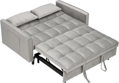 Ball & Cast Velvet Futon Sofa Couch with Pull-Out Bed,3 in 1 Convertible Sleeper Sofa Bed,Convertible Pull Out Couches W/2 Pillows,Adjustable Backrest & Side Pocket,for Living Room,Apartment,Gray,55"