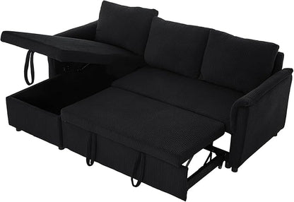 Ball & Cast L-Shape Reversible Sectional Sleeper Sofa Bed 4 in 1 Pull Out Couch with Storage Chaise&Removable Backrest,Convertible Sleeper Corner Couch Pull-Out Sofa Bed for Living Room,Corduroy,Black