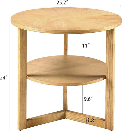 MODERION Large Round End Table, Rustic Beside Table with Umbrella Shaped Top, Traditional Circular Sofa Side Table with Shelf, 25.2”D Nightstand, Telephone Table for Living Room Natural CJZ3338OA