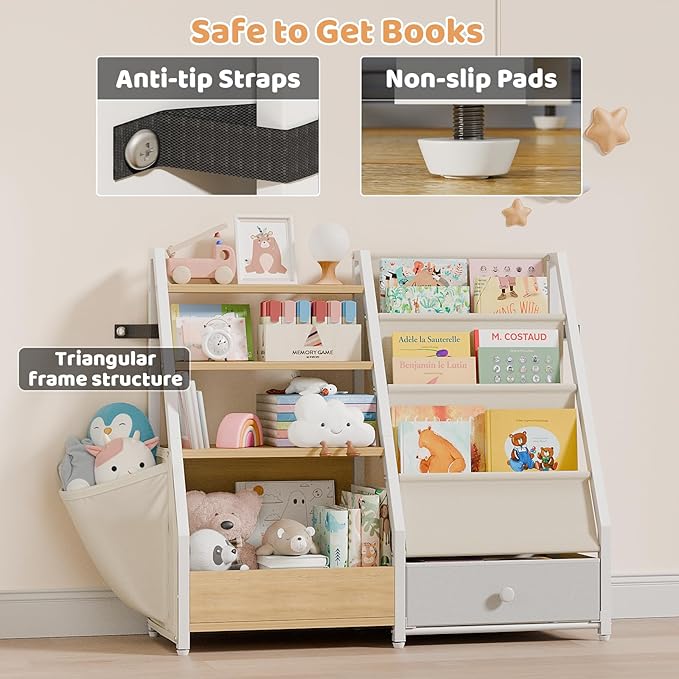 Kids Bookshelf and Toy Storage - Book Shelf for Kids Rooms, Toddler Bookshelf Baby Bookcase for Nursery, Montessori Toy Organizer, Burlywood