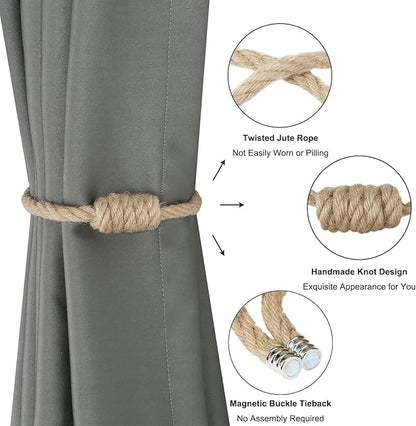 BEL AVENIR Magnetic Jute Curtain Tiebacks, Decorative Drapery Holdbacks Bohemian Style Woven Tie-Backs with Exquisite Knot (Jute, 6 Pack)