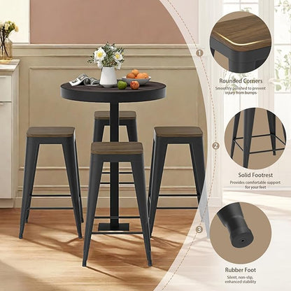 30 inch Backless Bar Stools Set of 4, Indoor Metal Bar Stools with Wood Seat, Industrial Counter Height Barstools for Kitchen Island, Black