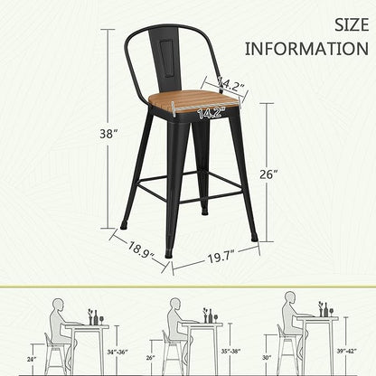 Outdoor Metal Bar Stools Set of 4,26 inch Barstools Counter Height Bar Stool with High Back Farmhouse Kitchen Dining Chairs Bar Funiture for Outside