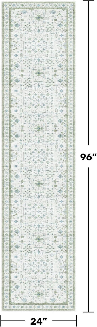 Oushak 2x8 Hallway Runner Rug - Vintage Turkish Floral, Washable Low Pile Non Slip 8ft Long Runners for Kitchen, Hall Way - Cream Blue and Green