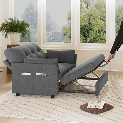 Vipbear 3-in-1 Chenille Convertible Sofa Bed, Pull Out Sleeper Sofa with Reclining Backrest & Side Pocket, Tool-Free Assembly, Folding Loveseat for Living Room, Apartment, Grey