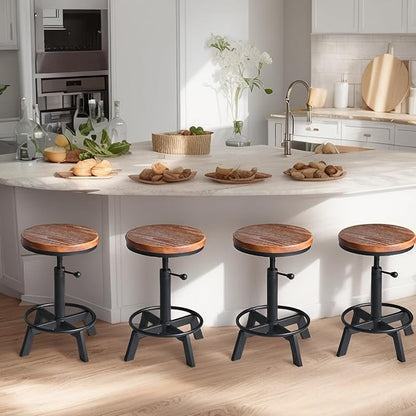 Set of 2-Industrial Bar Stool-Counter Height Chairs- Swivel Wooden Seat- Adjustable 17.7-24inch