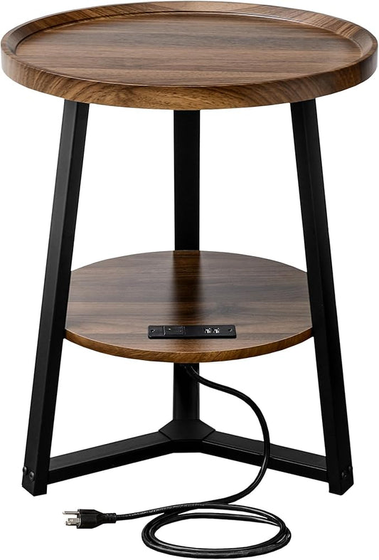 Round End Table with Charging Station, 19.7" Dia x 23.63" H, Side Table with Storage Shelf, Accent Table, for Living Room, Bedroom, Small Spaces, Metal Frame, Industrial Style (Brown + Black)