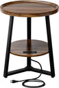 Round End Table with Charging Station, 19.7" Dia x 23.63" H, Side Table with Storage Shelf, Accent Table, for Living Room, Bedroom, Small Spaces, Metal Frame, Industrial Style (Brown + Black)