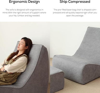 N&V Bean Bag Chair Single Seated Foam Sofa Armless Floor Sofa with High Density Foam Removable and Machine Washable Cover (Grey, Large, No Stripes)