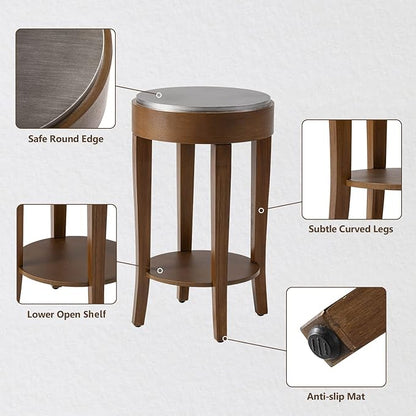 COSIEST Round End Table, 2-Tier Classic Brown Side Table, Farmhouse Wood Accent Table with Storage Shelf for Living Room, Bedroom, Office, Distressed Glaze Finish