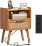 Lerliuo Rattan Nightstand with Charging Station, Side Table with Drawer, Cane Accent Bedside End Table with Solid Wood Legs, Night Stand for Bedroom, Dorm and Small Spaces (Tea Brown)