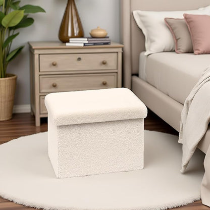 16.5 Folding Storage Ottoman Cube - Small Footrest with Sherpa Top, Multi-Functional Storage for Bedroom, Living Room,White
