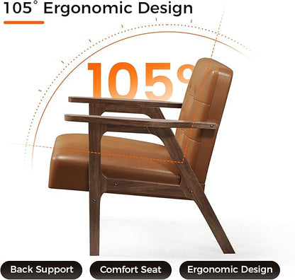 Casaottima PU Leather Accent Chair Mid Century Comfy Cozy Chair with Solid Wood Legs,Modern Arm Reading Chair with Button Tufted Back for Living Room Bedroom (Dark Brown)