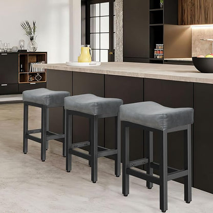 Counter Height Bar Stools Set of 2, 24 Inch Barstools for Kitchen Island Counter, Bonded Leather Kitchen Stools with Thick Saddle Seats & Heavy Duty Metal Base, Easy Assembly, Gray/Black