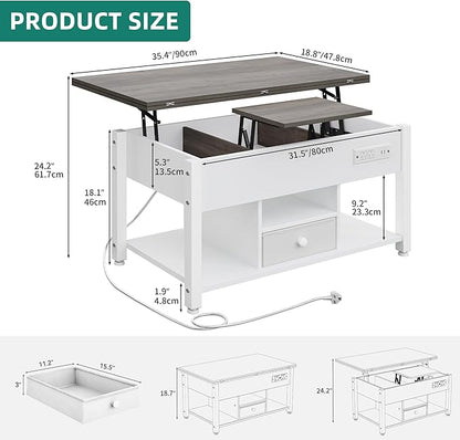 YITAHOME 4-in-1 Lift Top Coffee Table with RGB Light & Dual Tops, Multi-Function Table with Power Outlets, Storage, Converts to Dining Table Computer Desk Gaming Hub, Living Room, Home Office, White
