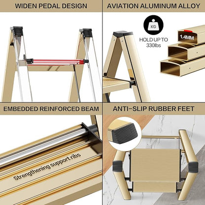2 Step Ladder, Aluminum Lightweight Folding 2 Step Stool with Anti-Slip Wide Pedal,330lbs Capacity Steel Ladder for Household and Office(Gold)