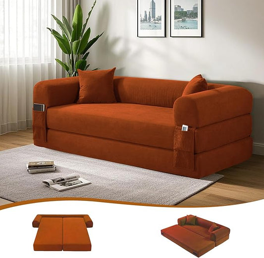 80" Convertible Sofa Bed, 3-in-1 Corduroy Folding Pull Out Couch with Pillows, No Assembly Modern Boneless Couch Compression Sofa in Box, Floor Sofa with Side Storage Pocket for Living Room, Orange
