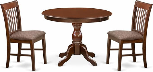East West Furniture HBNF3-MAH-C 3 Piece Dining Room Table Set Contains a Round Kitchen Table with Pedestal and 2 Linen Fabric Upholstered Dining Chairs, 42x42 Inch, Mahogany