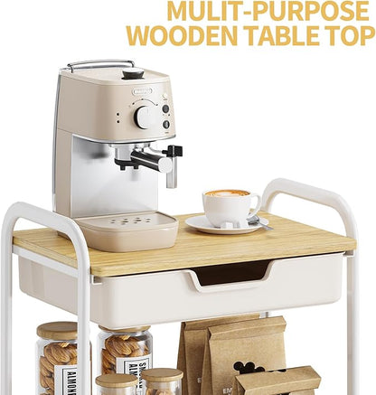 TOOLF 3-Tier Metal Utility Rolling Cart with Drawer and Wooden Table Top, Storage Cart White Trolley Kitchen Organizer Rolling Desk with Locking Wheels for Office, Classroom, Home, Bedroom