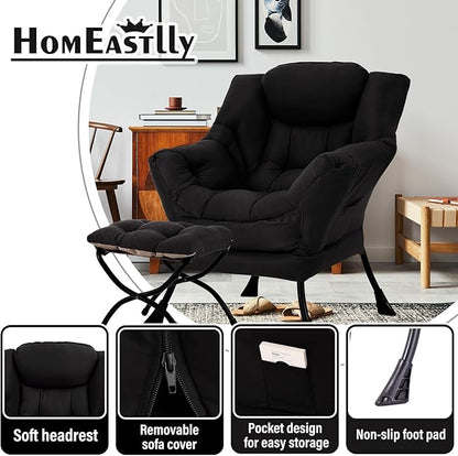 Lazy Chair with Ottoman, Large Modern Lounge Accent Chair with Armrests and Footrest, Reading Armchair with Ottoman, Leisure Sofa Chair for Living Room, Bedroom, Dorm Room, Office（Black）